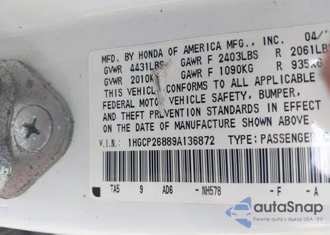 2009 Honda Accord 2.4 Ex-L из США, поврежденный, VIN 1HGCP26889A136872